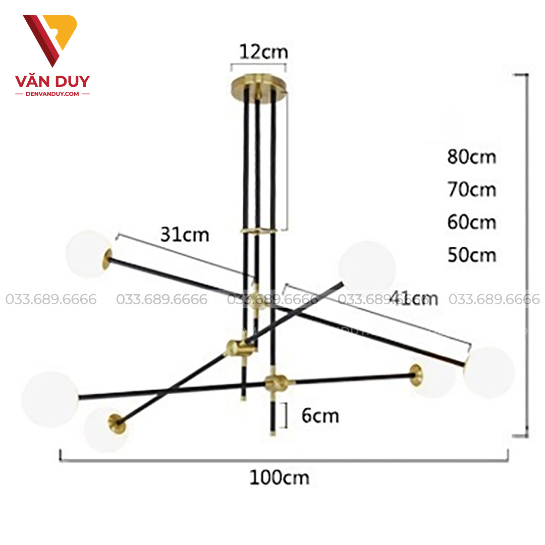 Đèn thả, đèn chùm phòng khách hiện đại, đèn thả bàn ăn 6 bóng khung đen 33403