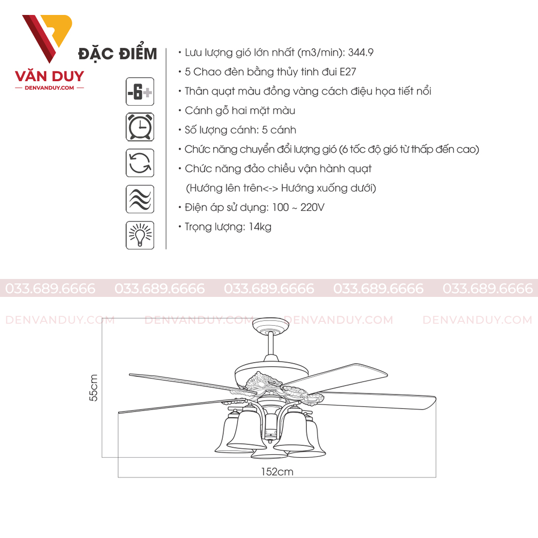 Quạt trần đèn sang trọng Kaiyokunkan AKI-522-G