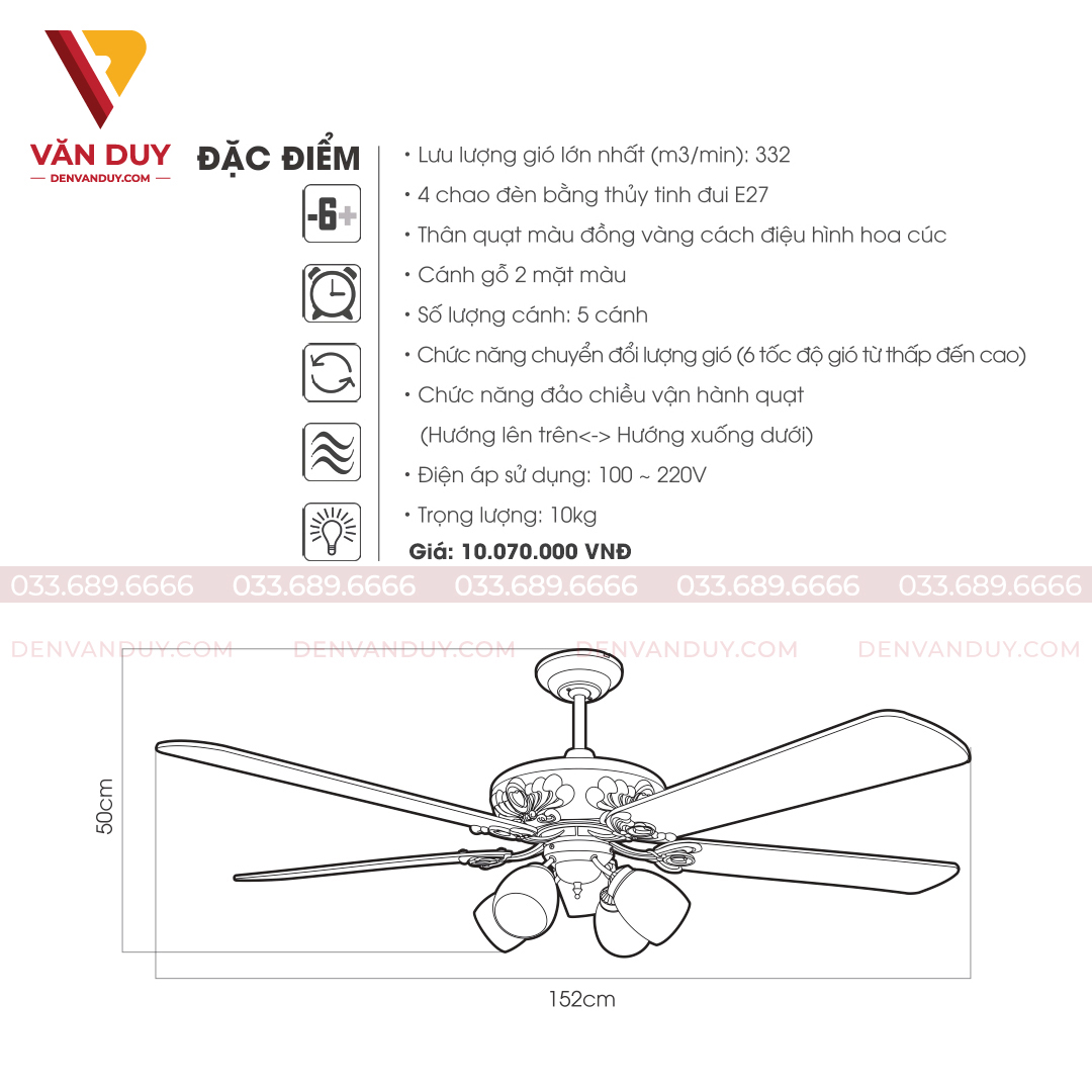 Quạt trần đèn sang trọng Kaiyokunkan KIKU-3310 (Đèn)