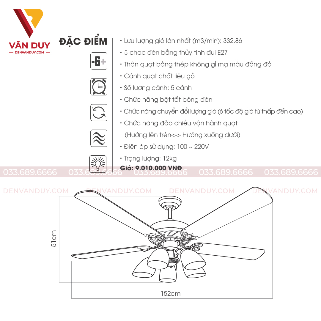 Quạt trần đèn sang trọng Kaiyokunkan TOKY-5025